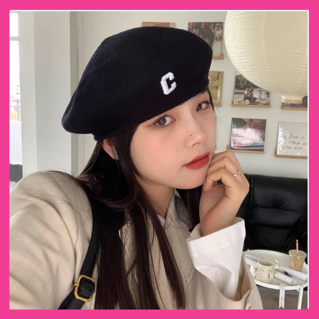 Nón beret Phối Lưới In Chữ C Thời Trang Nhật Bản Xinh Xắn Cho Nữ