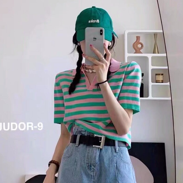 Áo thun polo NZN ngắn tay ôm dáng họa tiết kẻ sọc thời trang mùa hè phong cách Hàn Quốc cho nữ