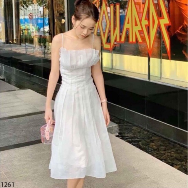 [kem hinh that] đầm 2 dây xếp ly siêu xinh