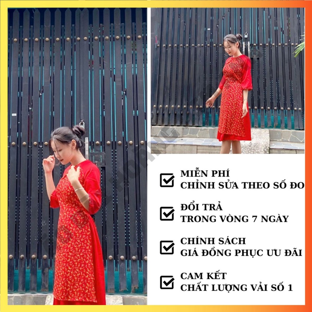 ÁO DÀI DÁNG SUÔNG CÁCH TÂN NỮ KÈM CHÂN VÁY KIỂU ĐẦM ĐŨI MAY SẴN MÀU ĐỎ HOA NHÍ ÁO DÀI BIGSIZE ADCT2TDX-Đỏ