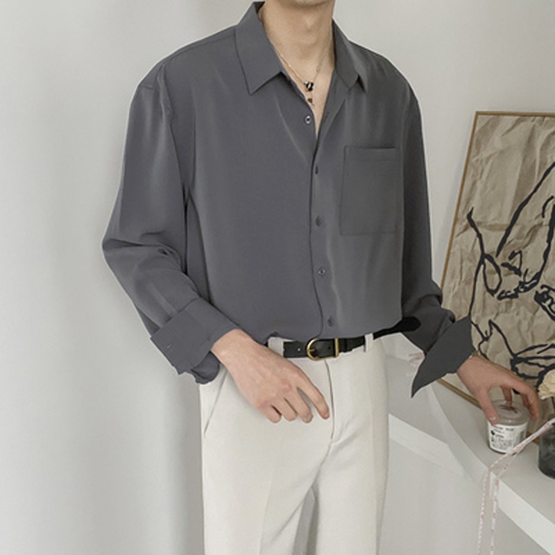 Áo Sơ Mi Tay Dài Dáng Rộng Màu Trơn Thời Trang Công Sở Hàn Quốc Cho Nam