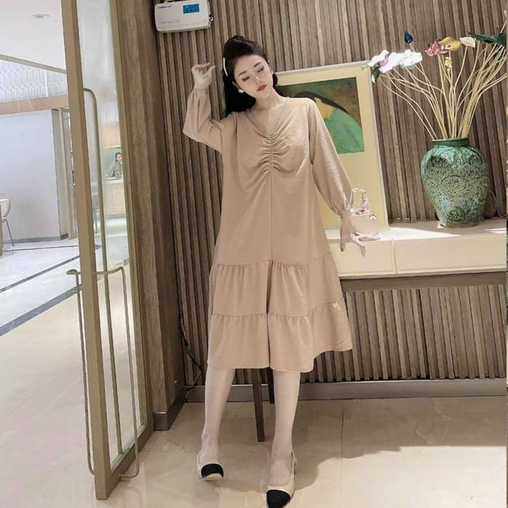 Đầm bầu thời trang thiết kế rúm ngực MB203 chất đũi hàn freesize từ 45 đến 70kg