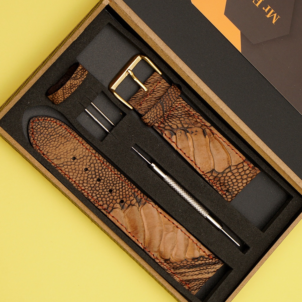 Dây Đồng Hồ Da Đà Điểu Wash Màu Nâu Đỏ  MrFour + Bộ Khóa  + Dụng cụ Tháo Lắp | Watch Band - Watch Strap - Leather Watch