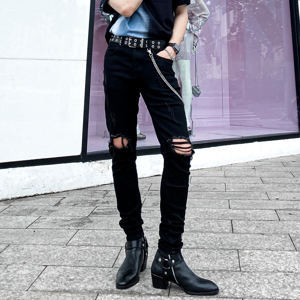 Quần Jeans Nam Snazzy Vải Bò Denim Màu Đen Rách Gối Co Giãn Form Slimfit Distress Black