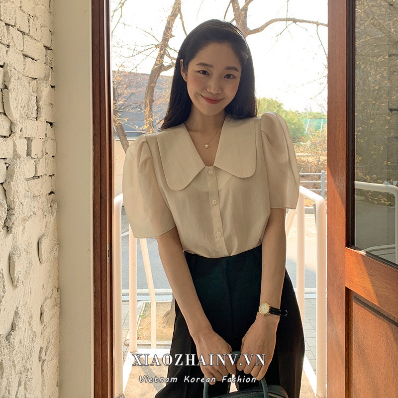 Xiaozhainv Áo chiffon Tay Phồng Cổ Búp Bê Phong Cách Hàn Quốc Thời Trang Mùa Hè Cho Nữ
