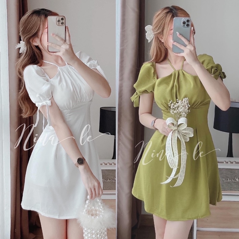 Váy thiết kế cổ yếm sexy 2 màu xanh cốm/trắng (hàng sẵn)