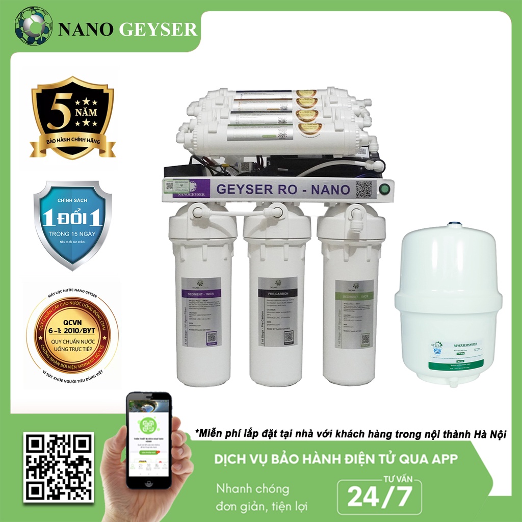 Máy lọc nước Nano Geyser RO - NANO 8 Cấp - Bảo hành 5 năm, Nước đầu ra chuẩn tinh khiết, Bổ sung khoáng chất tự nhiên