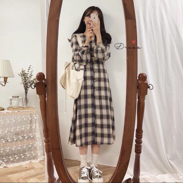 [CO SAN MAU NAU S] Đầm caro form dài phong cách ulzzang