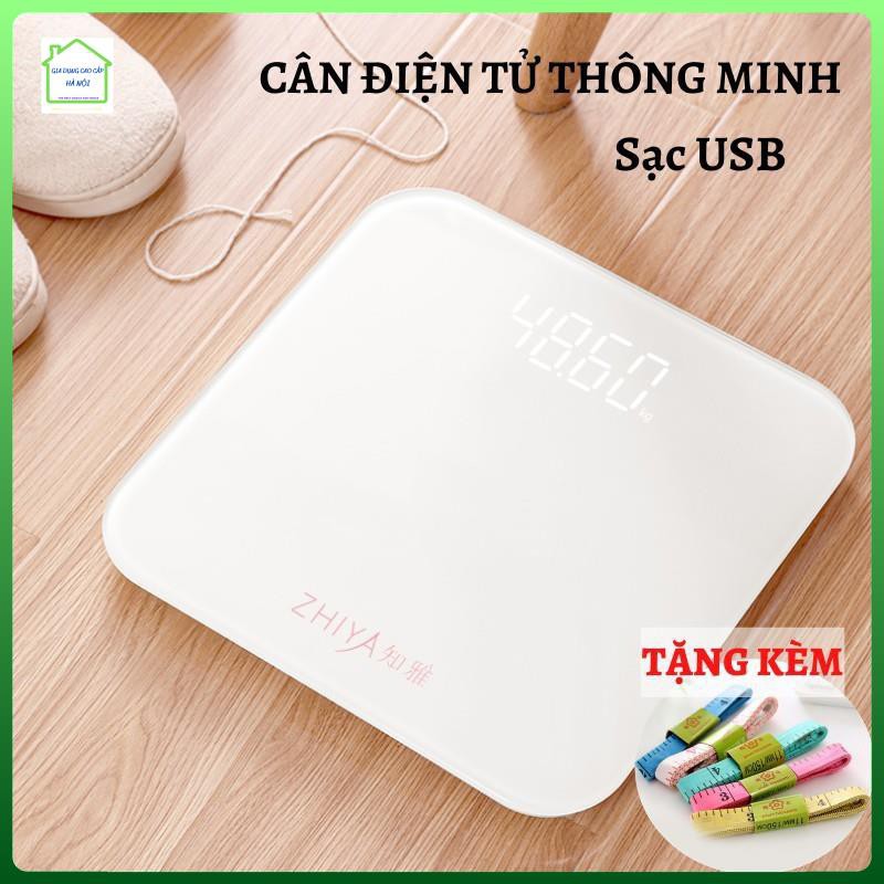 Cân điện tử cân sức khỏe sạc USB mặt kính cường lực tích hợp chức năng đo nhiệt độ tặng kèm thước dây và sạc USB