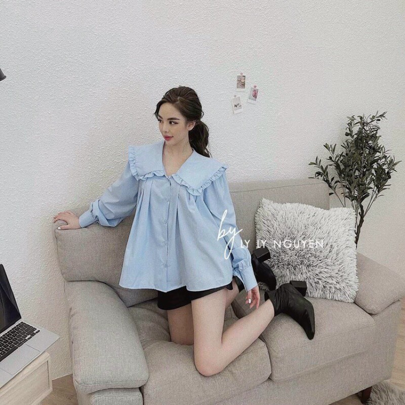 Áo sơmi babydoll cổ sen bèo tay phồng trắng xanh