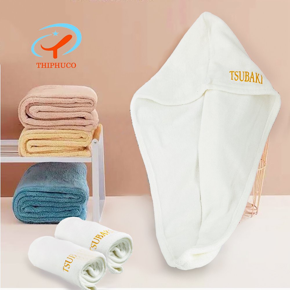 Khăn Quấn Tóc NHANH KHÔ Microfiber Tsubaki (có cúc cài tiện lợi), Khăn Ủ Tóc Siêu Thấm Mềm Mịn Khô Siêu Tốc