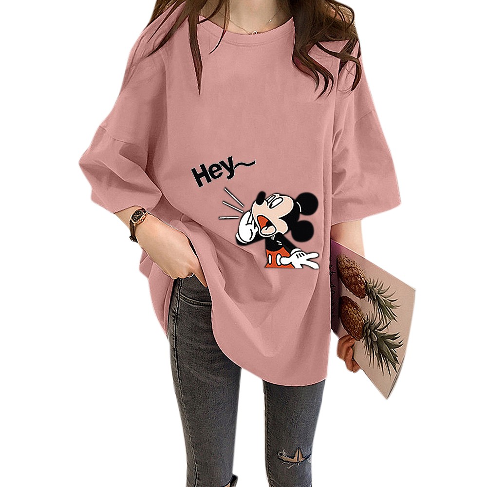 Áo Thun Ngắn Tay Dáng Dài Rộng In Hình Chuột Mickey Kiểu Hàn Quốc
