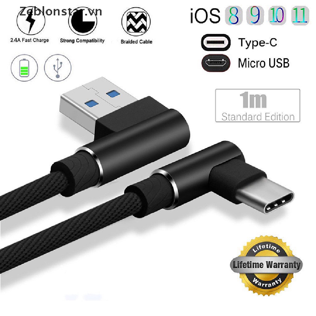 Dây Cáp Sạc Nhanh Truyền Dữ Liệu Đầu USB Loại C / IOS / Micro 90 Độ