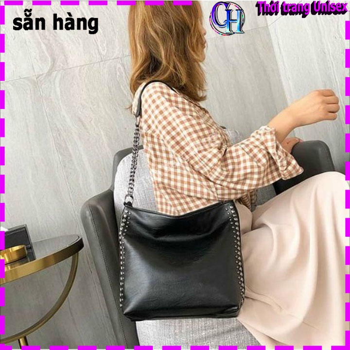 Túi tote da đeo chéo vừa A4 - QUAI DA HÀN QUỐC PHỐI VIỀN ĐINH MÀU ĐEN tui xách công sở