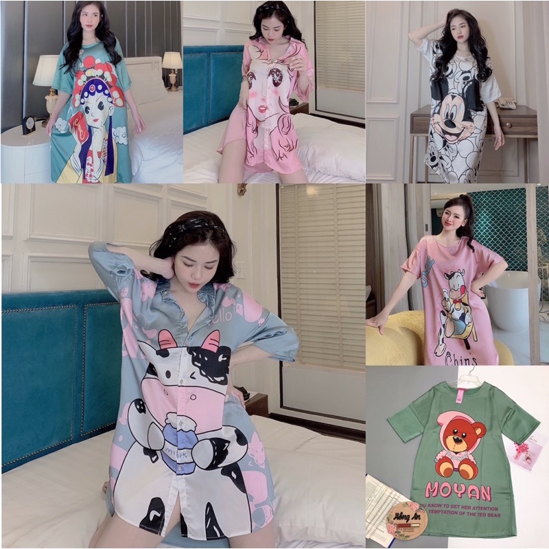 (NHIỀU MẪU) Váy Ngủ LụaĐồ Ngủ Hai Dây Lụa Cao Cấp Hình In Dễ ThươngSIÊU MÁT MỊN)(VIDEO ẢNH THẬT)