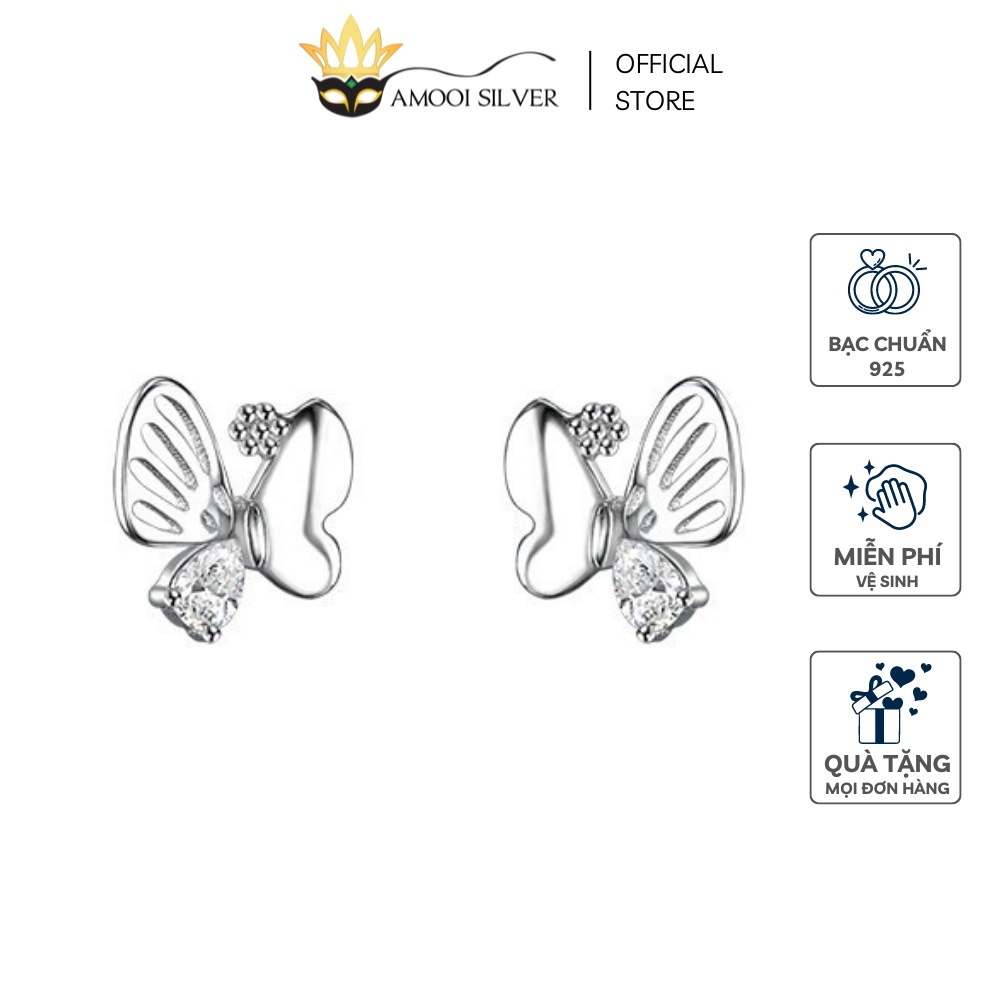 Bông Tai Bạc S925 Cánh Bướm Bất Đối Xứng Đính Đá Sang Trọng - Amooi Silver AB219
