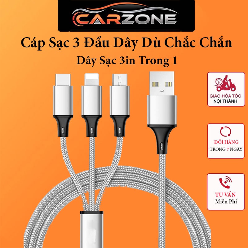 Dây Sạc Điện Thoại Iphone,SamSung - Cáp Sạc 3 Dây Bao Bọc Dây Dù Dẻo Chắc Chắn CARZONE.TOP