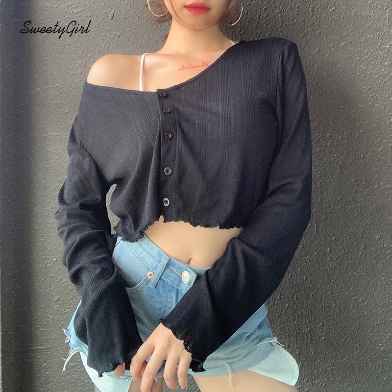 Áo Croptop Tay Dài Cổ Chữ V Cài Nút Màu Sắc Trơn Quyến Rũ Cho Nữ