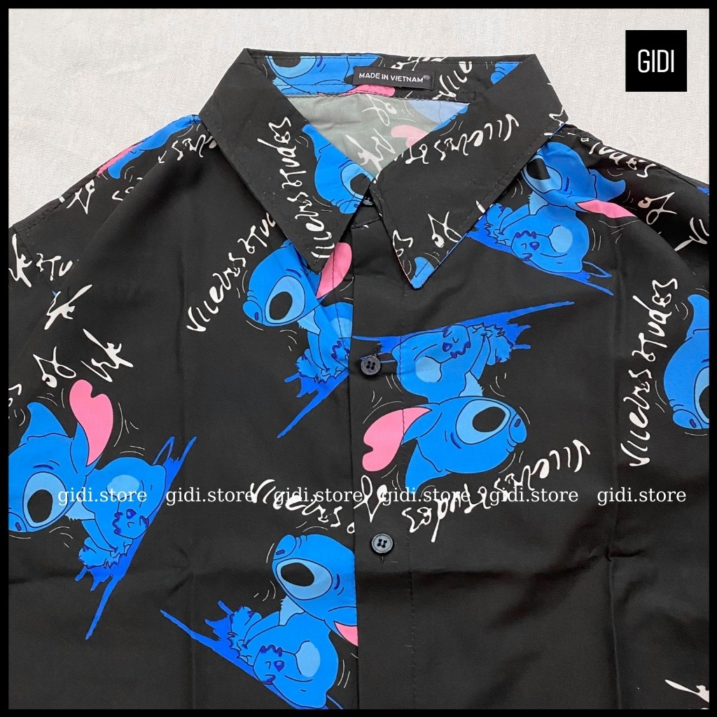 Áo sơ mi Stitch tay lỡ in họa tiết vải lụa nam nữ Unisex tay lỡ, form rộng, thoáng mát, thấm hút, không nhăn