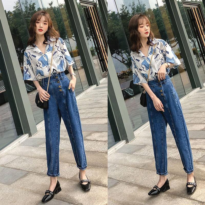 Áo kiểu tay ngắn chất Chiffon hoạ tiết in phong cách retro