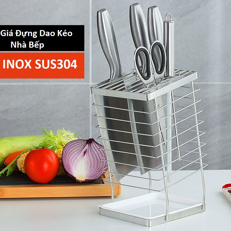 Kệ INOX Cắm Dao Kéo, Ống Đũa Nhà Bếp chất liệu INOX SUS304 Có Khay Hứng Nước - IUIUSHOP