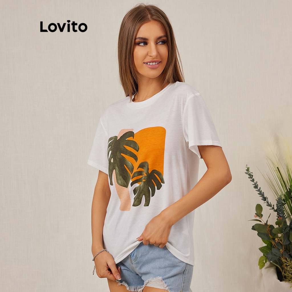 Áo thun Lovito tay ngắn cổ tròn phong cách thường ngày nhiệt đới mùa hè L18D046 (Màu trắng)