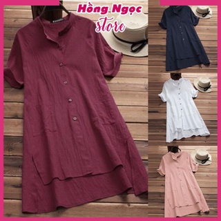 Sơ mi dáng váy, chất liệu đũi mềm mịn, áo váy nữ, form dài rộng kiểu Hàn Quốc Hồng Ngọc Store, AKH.35