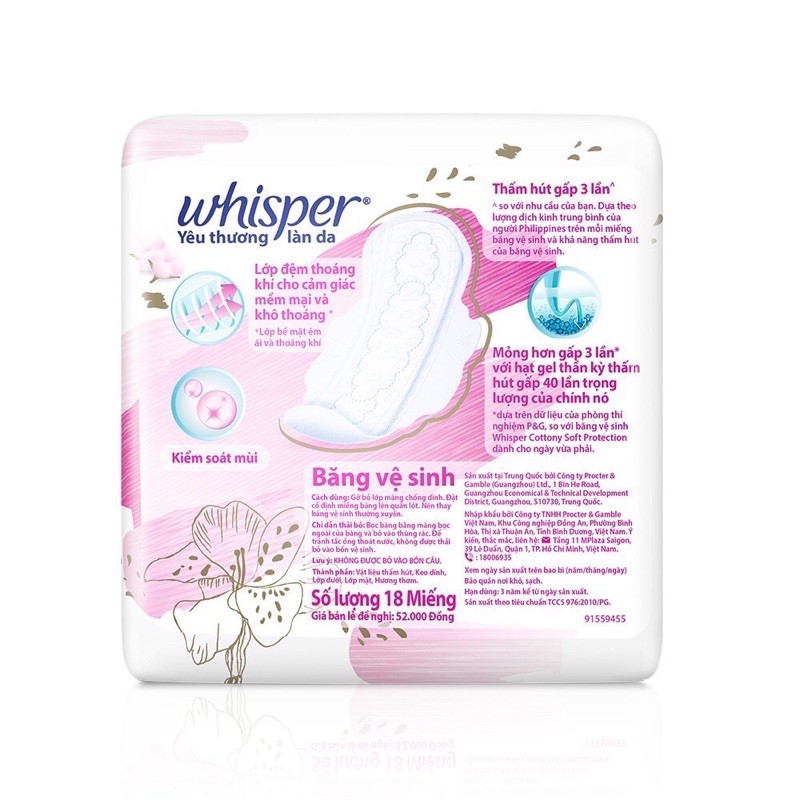 BĂNG VỆ SINH WHISPER MỀM MỎNG 24cm GIÁ bia 52k DATE MỚI