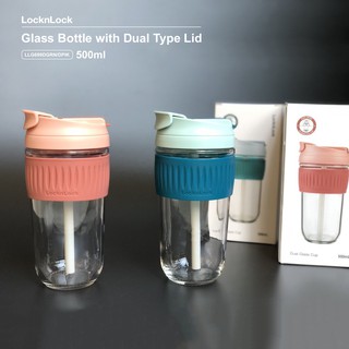 Cốc thủy tinh Lock&Lock Dual 500ml chịu nhiệt 100 độ, kèm ống hút thời trang, hàng chính hãng