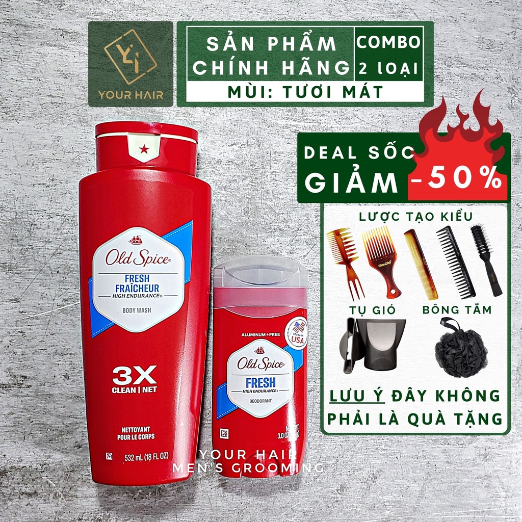 COMBO Hương Fresh Cam quýt Lá Cây | Sữa Tắm & Lăn Khử Mùi Old Spice Fresh High Endurance | Chính hãng USA