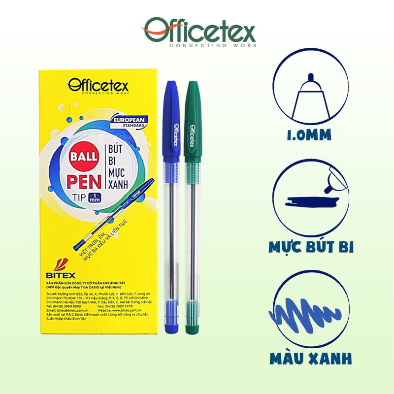 Bút bi Officetex OT-BP001 mực xanh/ đỏ/ đen (6 cây)