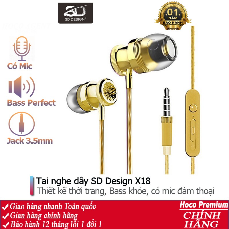 Tai nghe nhét tai SD - X18 nghe cực hay có mic đàm thoại, dây dài 1.2m, Jack cắm 3.5mm - Chính hãng