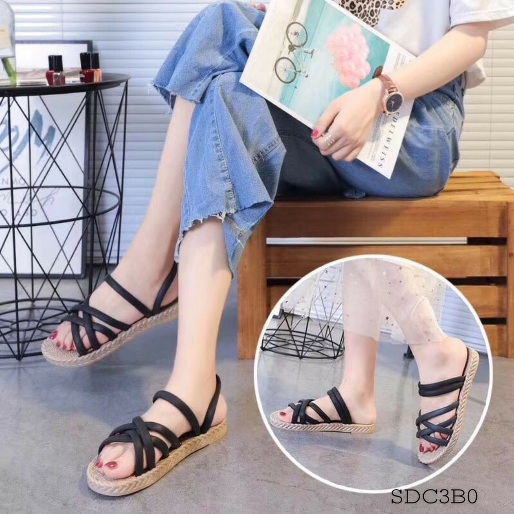 Sandal Nữ Đế Cao Su Dẻo Giả Cói Quai Đan Chéo Siêu Xinh