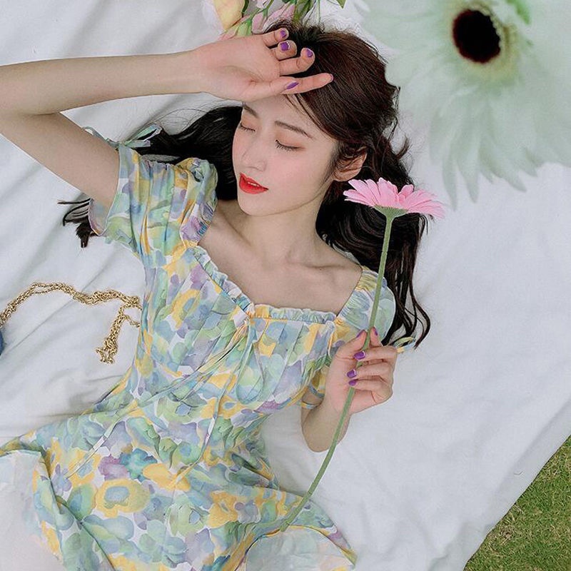 Đầm Chữ a Cổ Vuông Tay Ngắn Eo Cao In Họa Tiết Hoa Phong Cách Pháp Thời Trang Mùa Hè Mới Cho Nữ