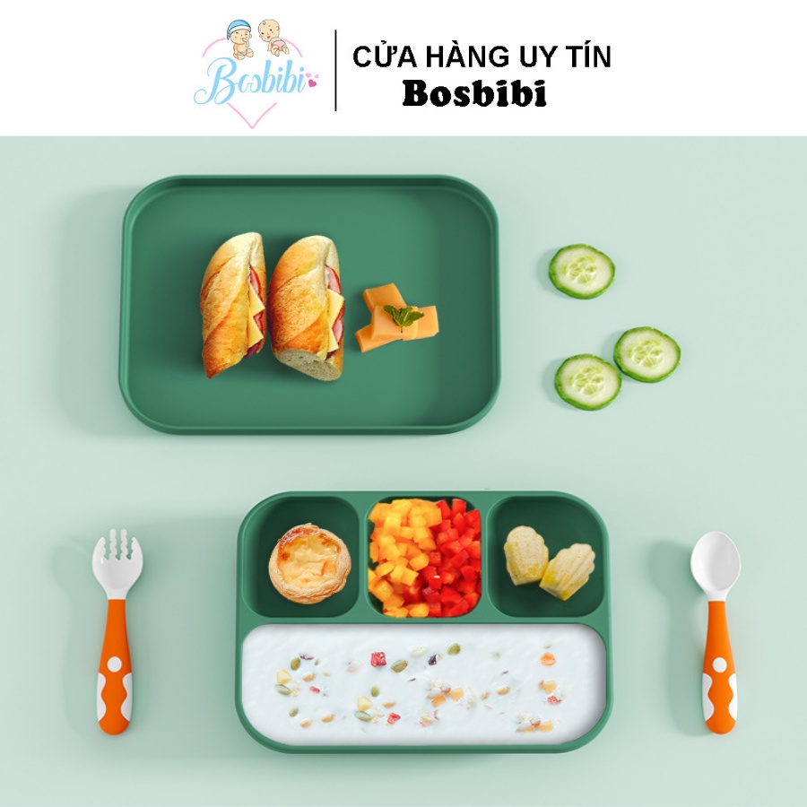 Khay ăn dặm silicon cao cấp chống đổ đế hút chân không có nắp đậy an toàn cho bé