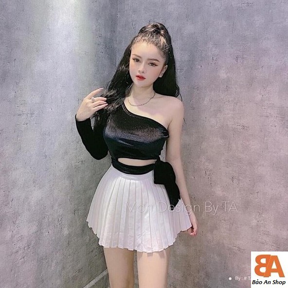 Áo croptop bẹt vai tay dài phối da beo_áo thun body cột eo