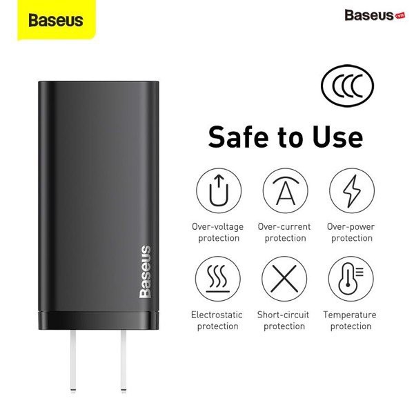 Sạc nhanh Baseus Gan Pro Quick Charger 65W lite 2 cổng Type C + USB cho Smartphone/ Tablet/ iPad/ Macbook/ Laptop