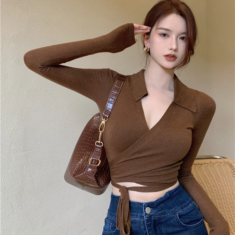 Áo thun dệt kim cổ polo tay dài ôm dáng độc đáo thời trang mùa thu dành cho nữ