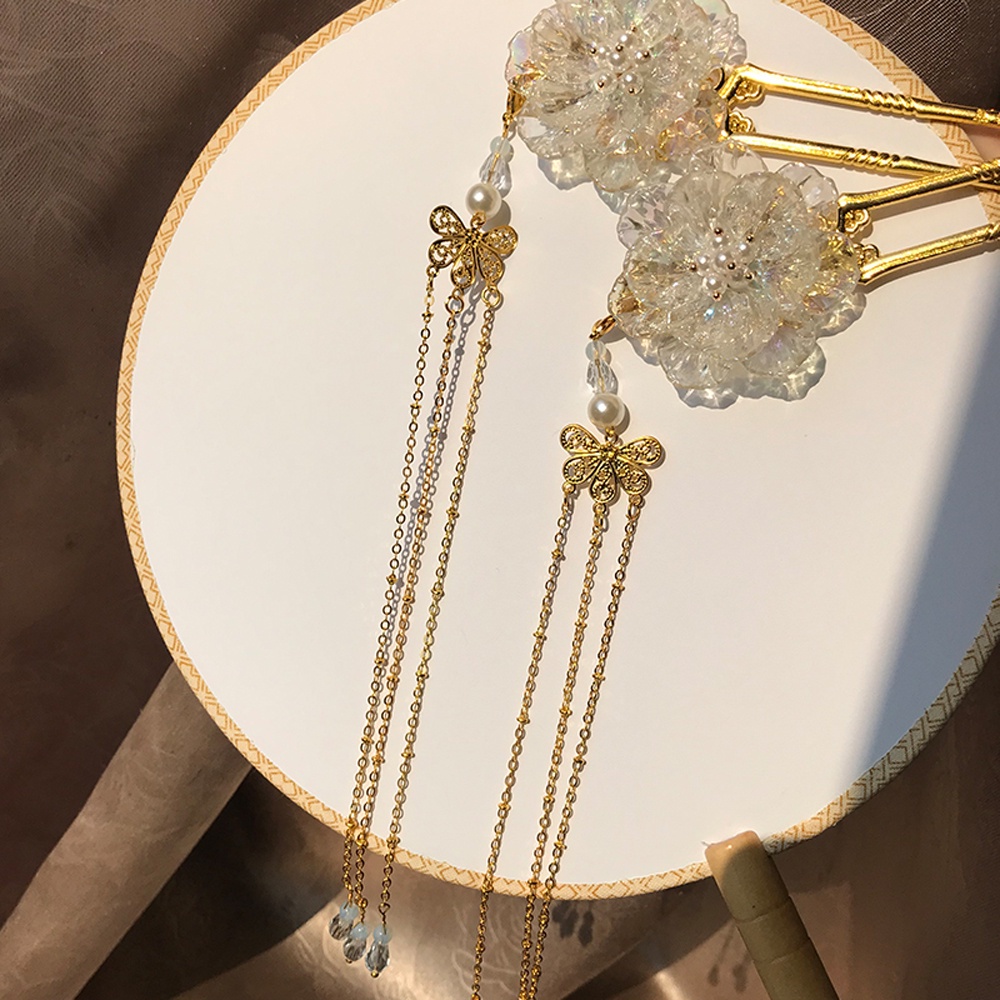 Trâm cài tóc hình chữ U phối tua rua và ngọc trai giả phong cách Trung Hoa cổ trang cho cô dâu