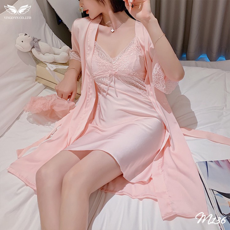 Set Áo Choàng Lụa Kèm Váy Ngủ 2 Dây VINGO Kiểu Tay Lỡ Cao Cấp Phối Ren Gợi Cảm Sexy M136 VNGO