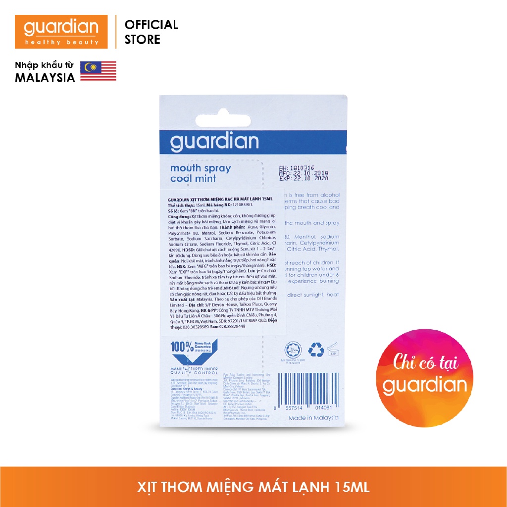 Xịt thơm miệng Guardian Bạc Hà mát lạnh 15ml