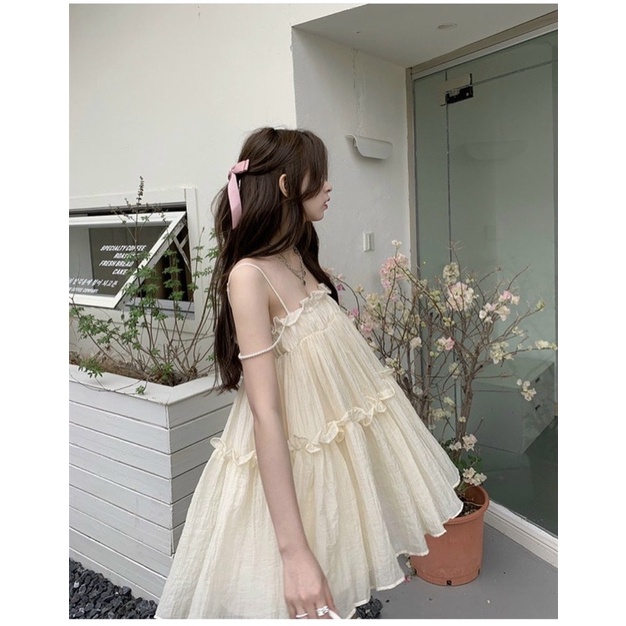 Đầm maxi trễ vai 2S hai dây bo chun ngực màu kem C