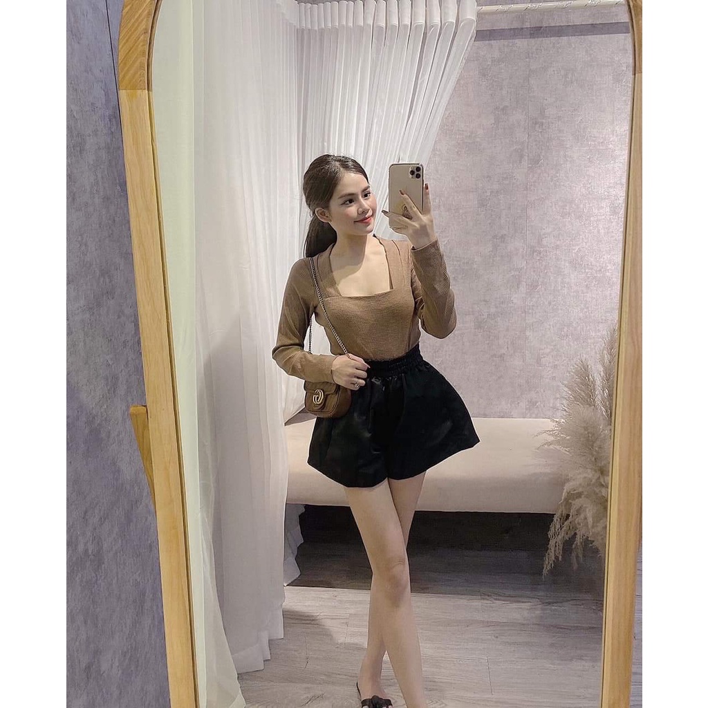 [ÁO KIỂU] Áo Thun Tăm Nữ Tay Dài Cổ Vuông, Cotton Ôm Body Mix Chân Váy Quần Siêu Xinh