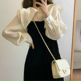 Đầm ulzzang đen phối tay voan kem cổ bèo tay dài