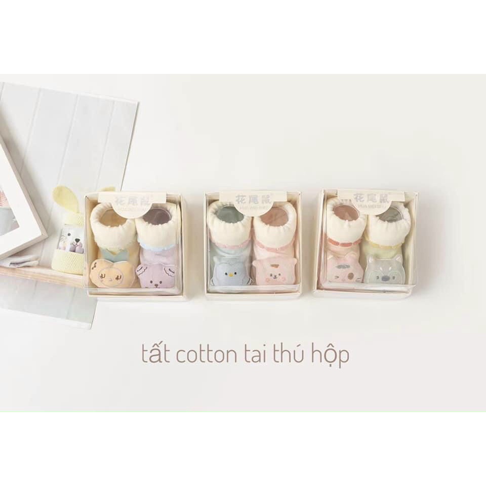 Tất cotton tai thú hộp in hình nổi cao cổ cho bé chống trơn trượt