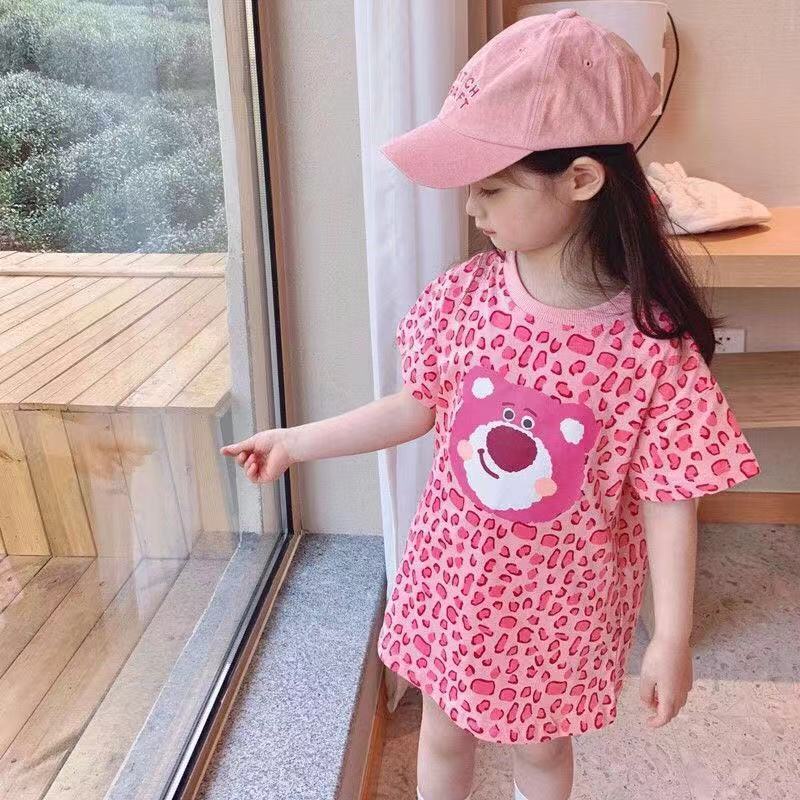 Đầm Thun Ngắn Tay In Hình Chú Gấu Hoạt Hình Dễ Thương Cho Bé Gái