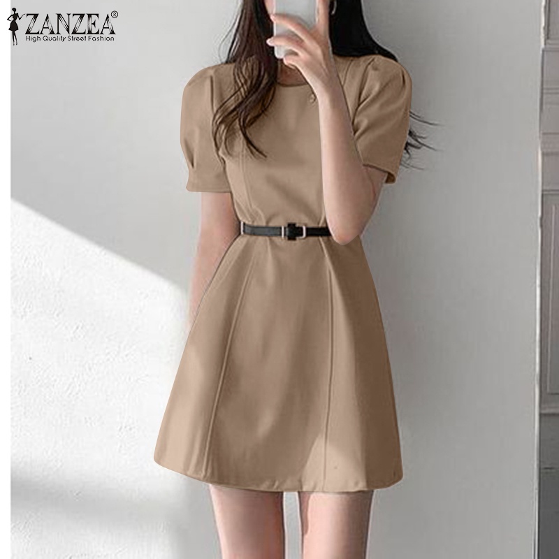 Đầm mini Zanzea tay ngắn phồng màu trơn dáng rộng có khóa kéo sau lưng thời trang cho nữ