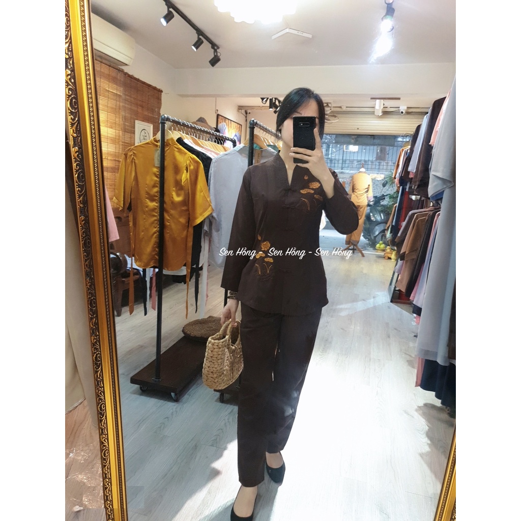 Đồ lam đi chùa giá sỉ # Pháp phục nữ truyền thống bà lai thêu hoa sen # hàng loại 1 phom dáng chuẩn Sen Hồng - mã B4