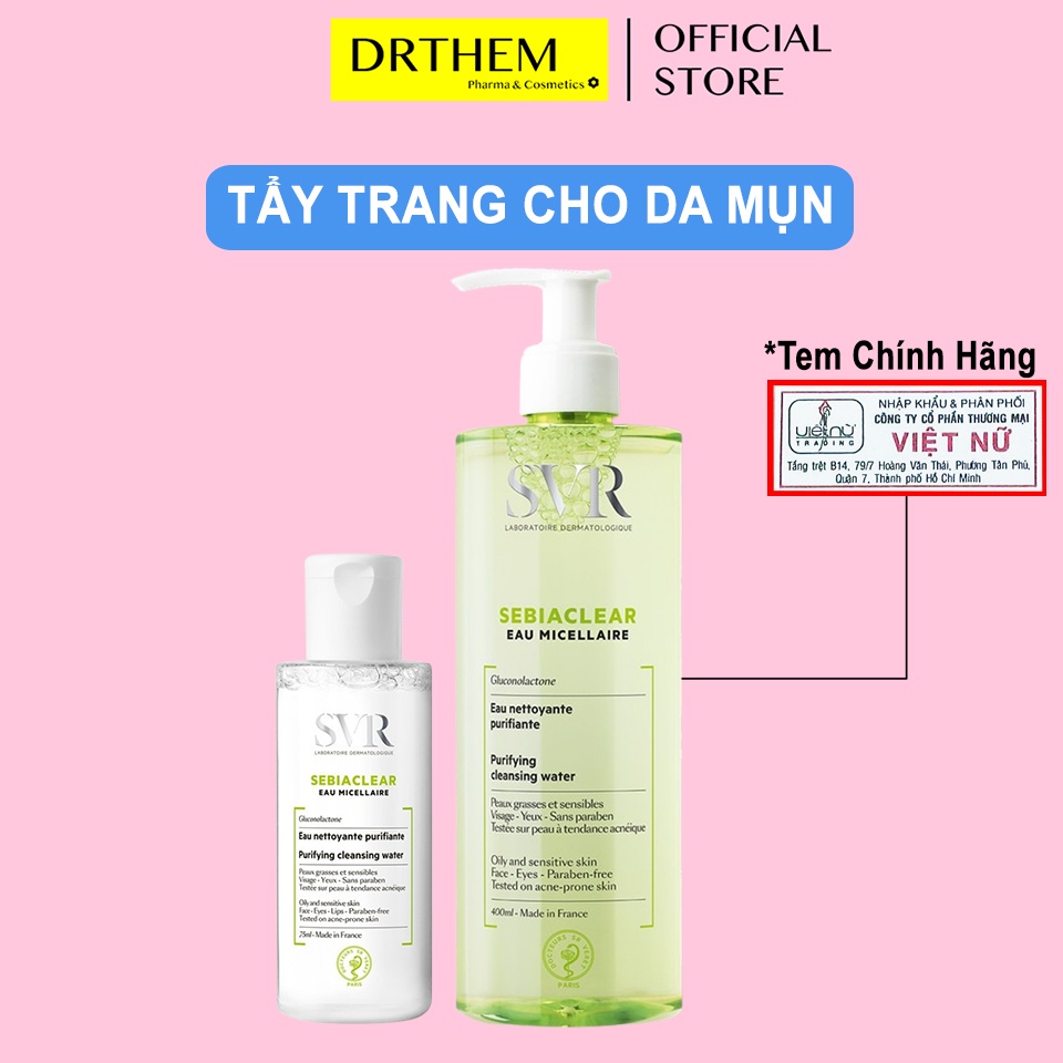 Nước Tẩy Trang SVR SEBIACLEAR Eau Micellaire 75ml - 400ml - Nước Làm Sạch và Giúp Loại Bỏ Dầu Cho Da Mụn