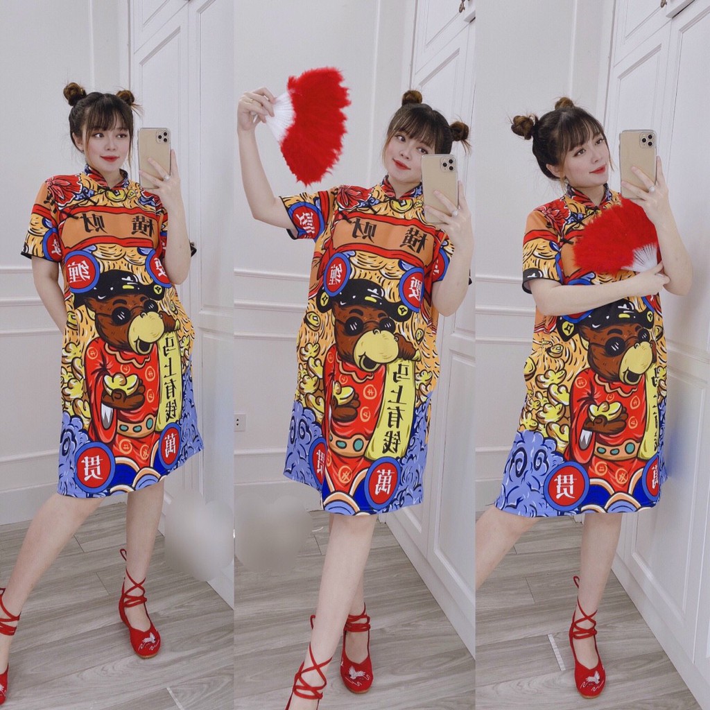 Đầm tết nữ,đầm dáng suông in hình 3D cổ tàu mẫu mới diện tết siêu xinh